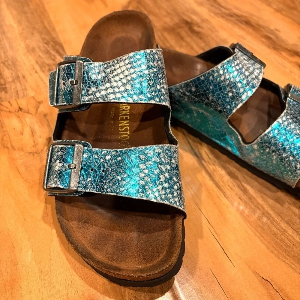 Birkenstock Classic Arizona Anaconda Women's Mules Turquoise Size 7 -7.5 - Picture 3 of 13